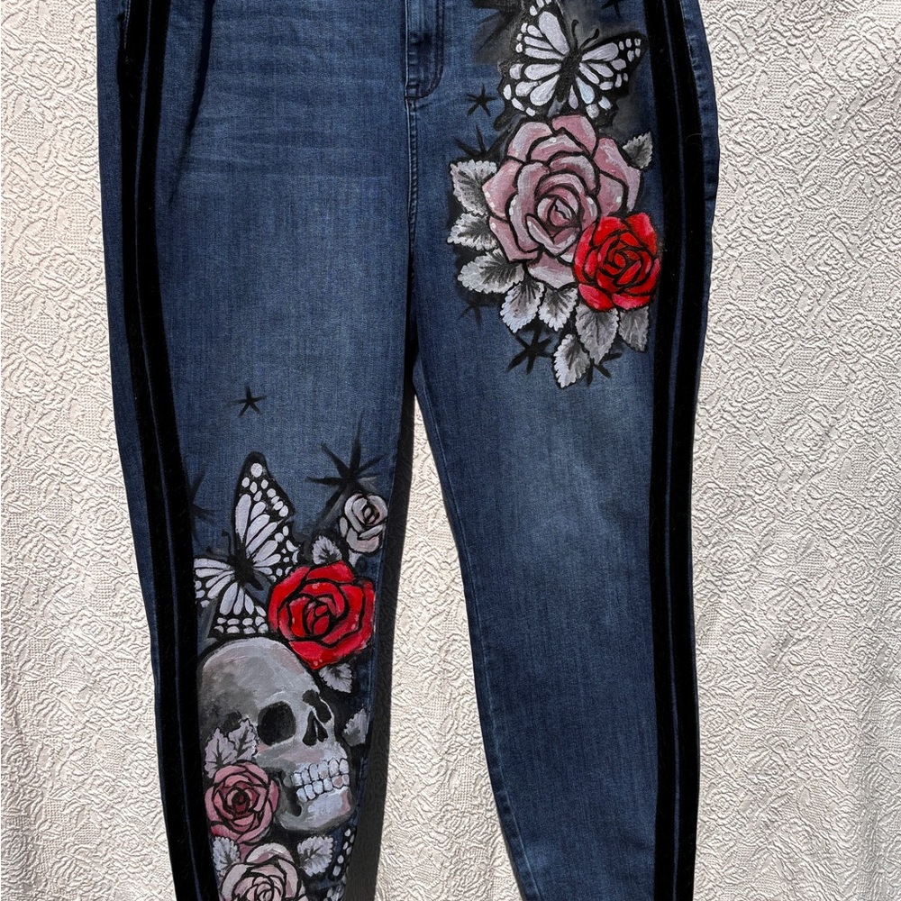 Floral and Skull Hand Painted Jeans